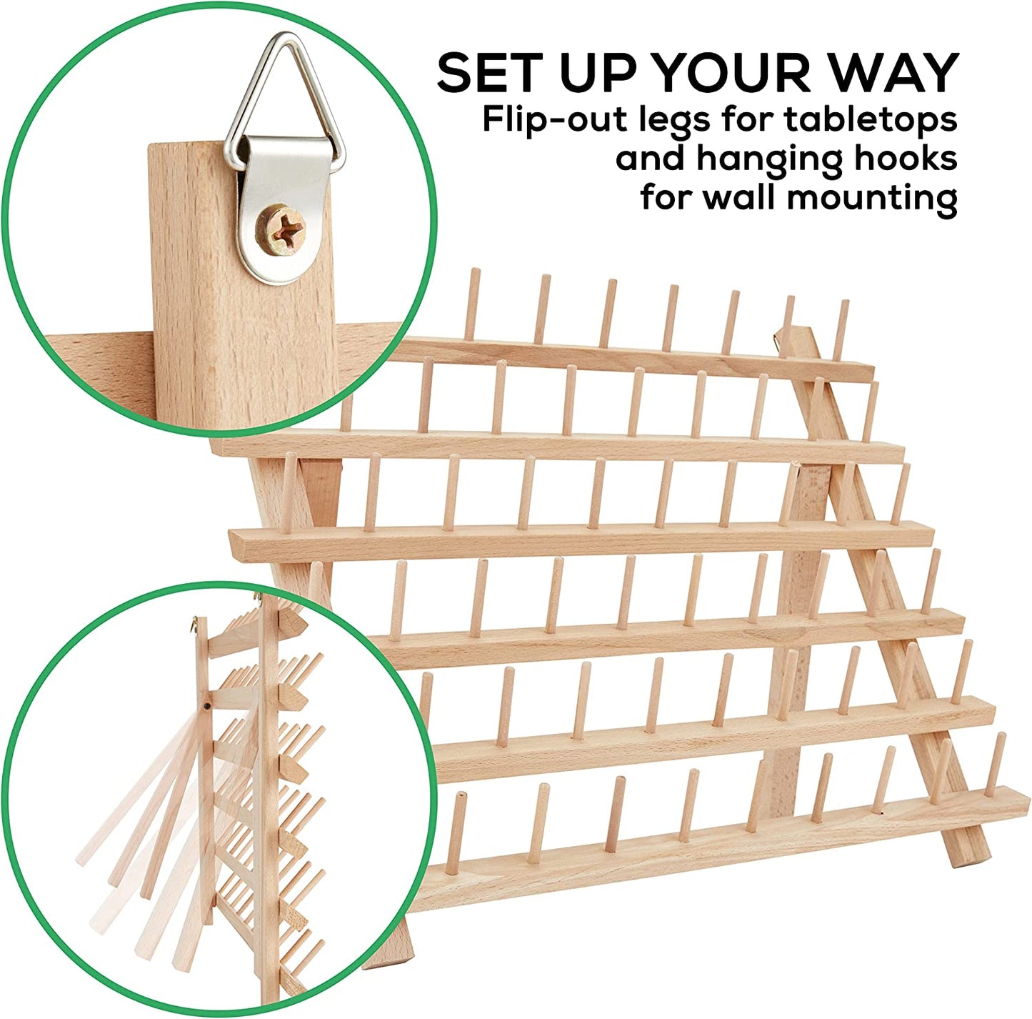 60-Spool Wooden Embroidery Thread Holder with Hanging Hooks