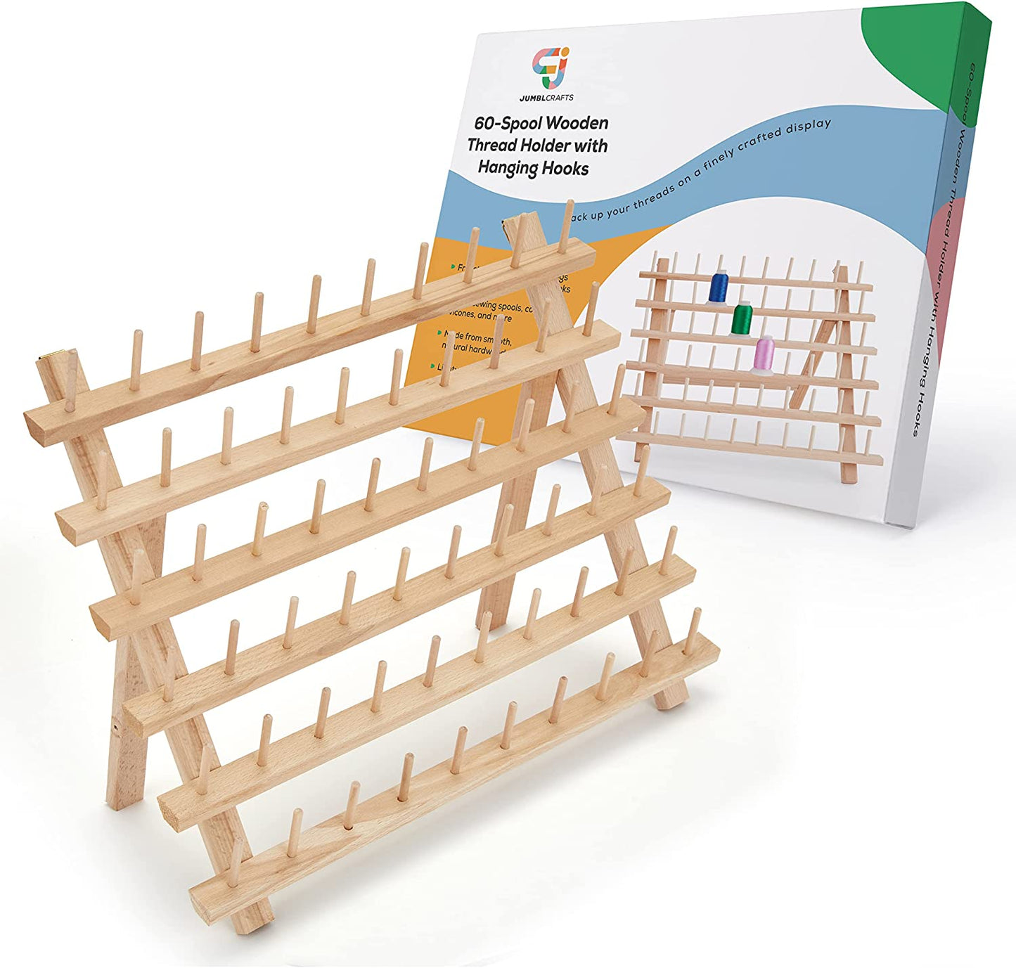 60-Spool Wooden Embroidery Thread Holder with Hanging Hooks
