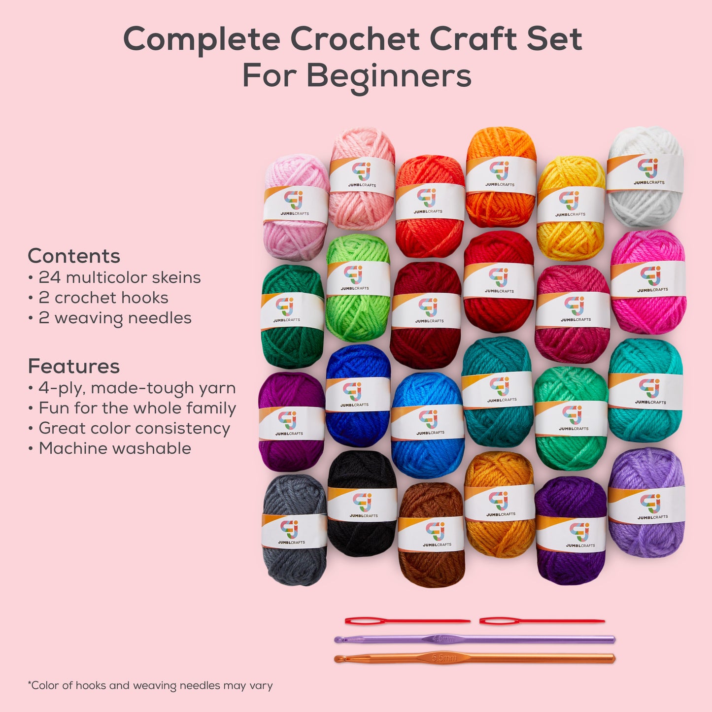 24-Yarn Crochet and Knitting Starter Kit with 2 Crochet Hooks and 2 Weaving Needles
