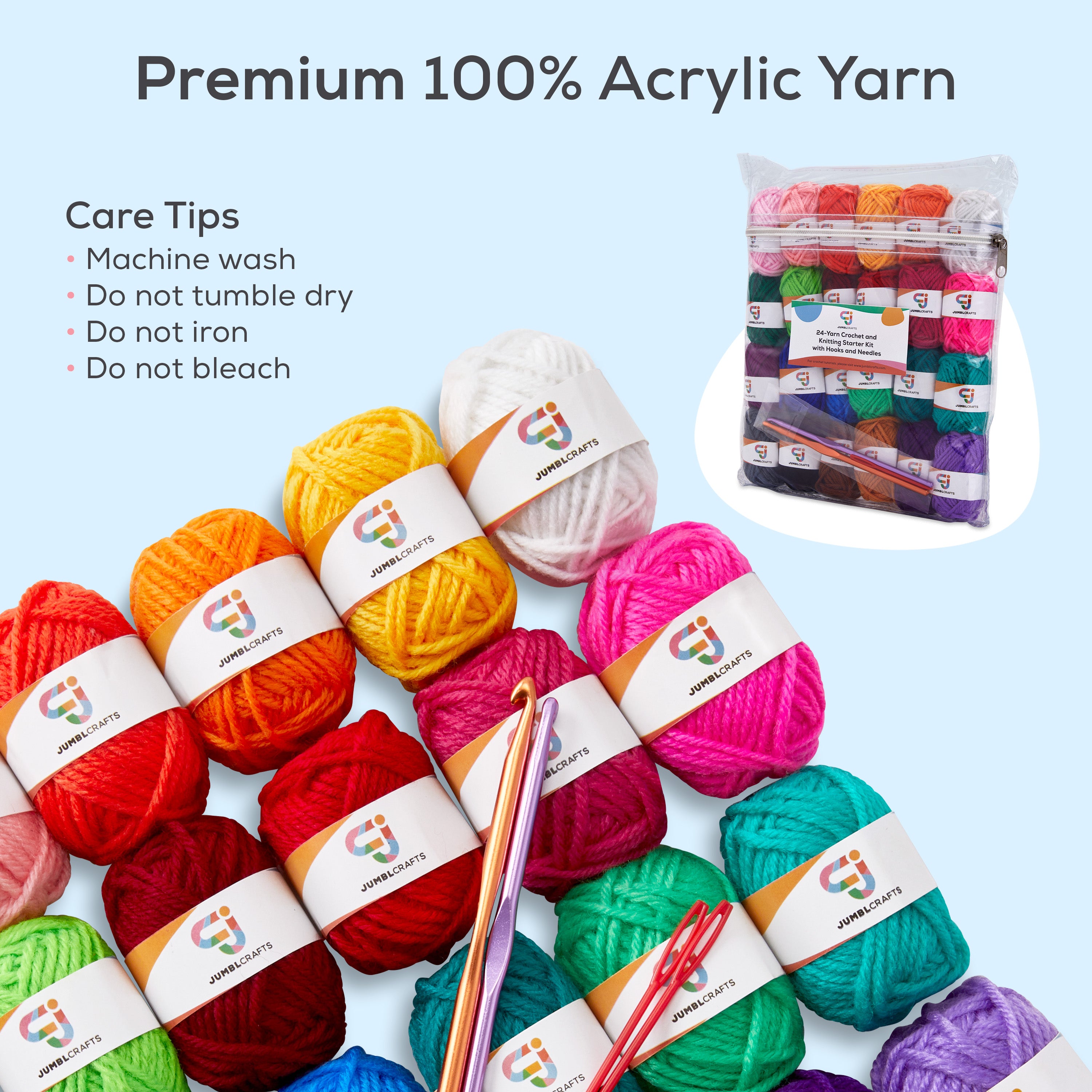 24-Yarn Crochet and Knitting Starter Kit with 2 Crochet Hooks and 2 We –  JumblCrafts